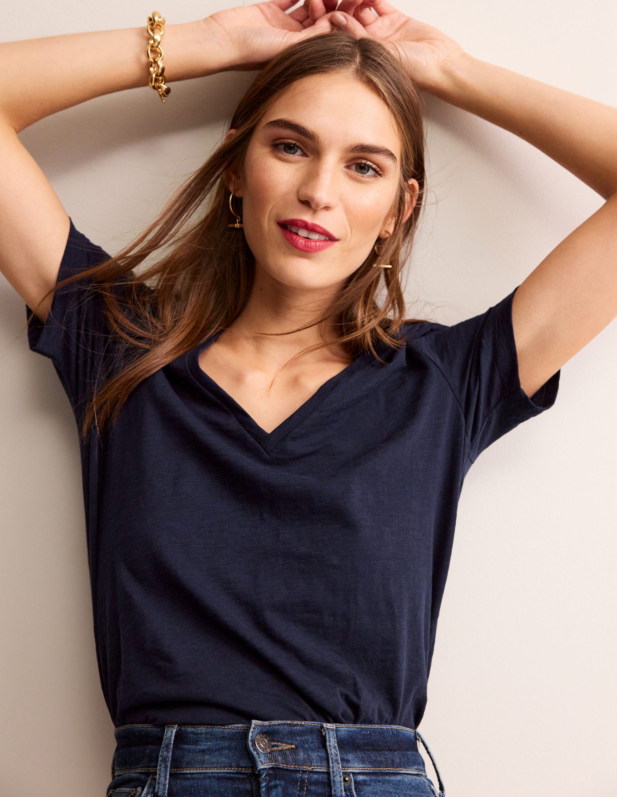 Regular V-Neck Slub T-shirt-Navy - Image 4