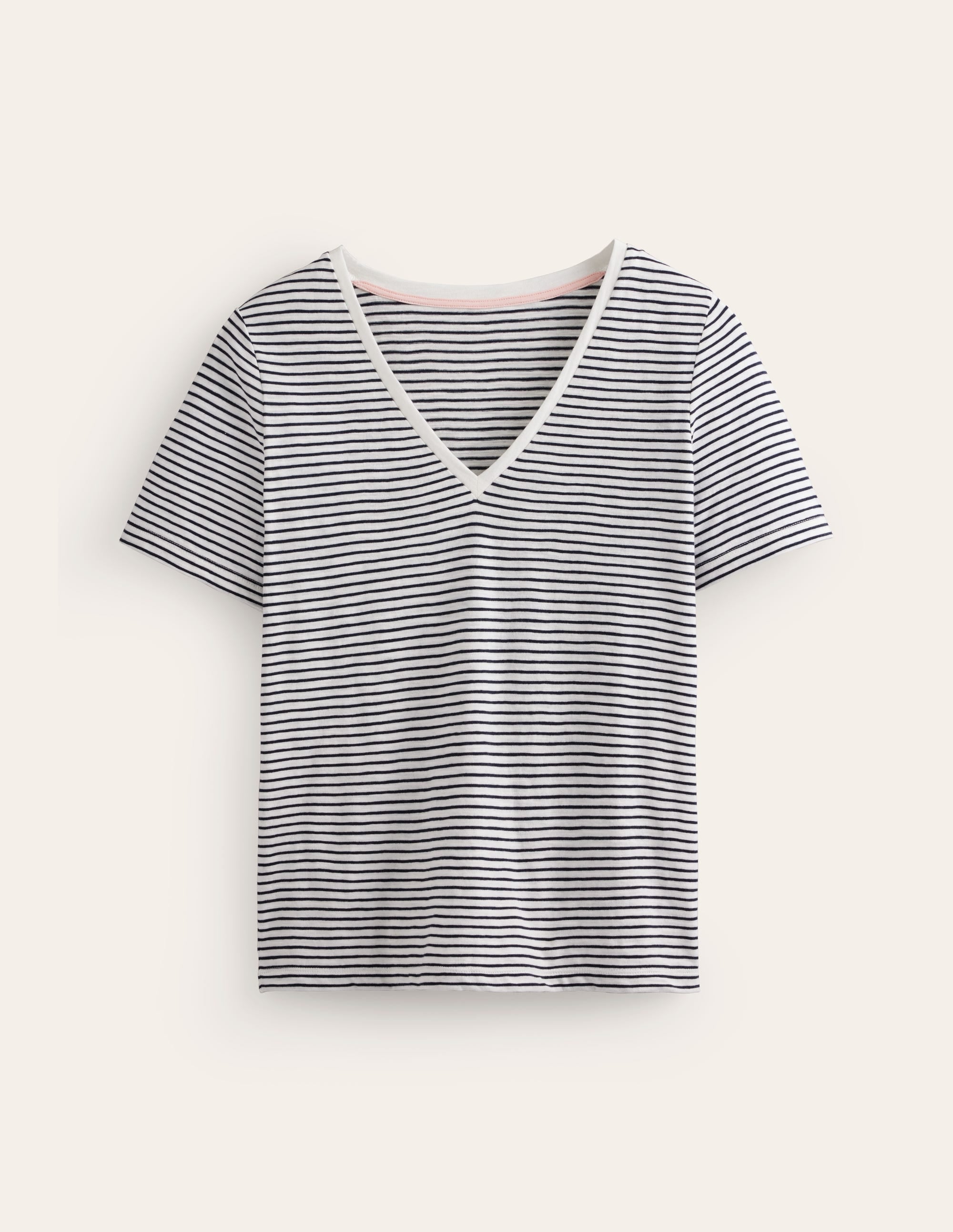 Regular V-Neck Slub T-shirt-Ivory, Navy - Image 5