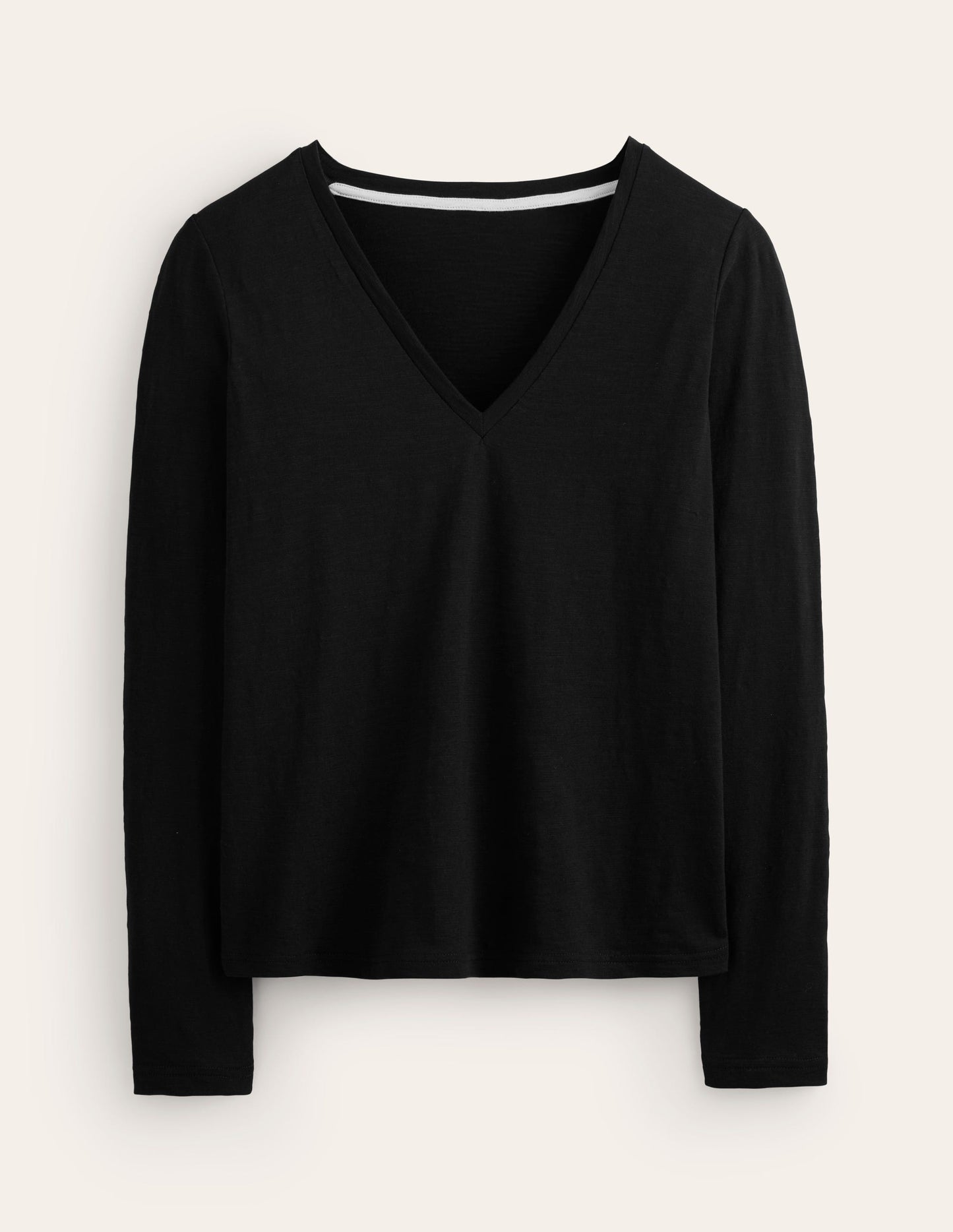 Cotton V-Neck Long Sleeve Top-Black