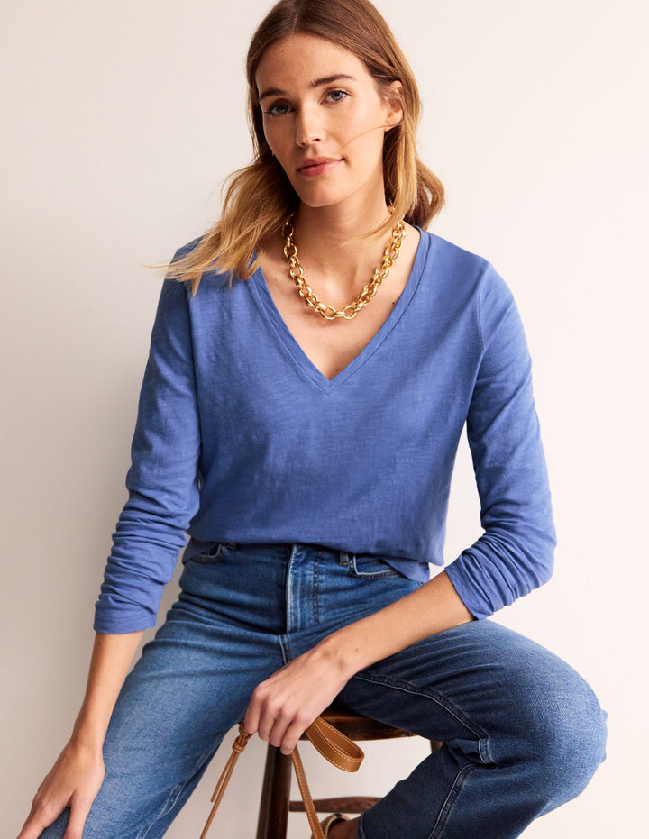 Cotton V-Neck Long Sleeve Top-Ebb and Flow Blue