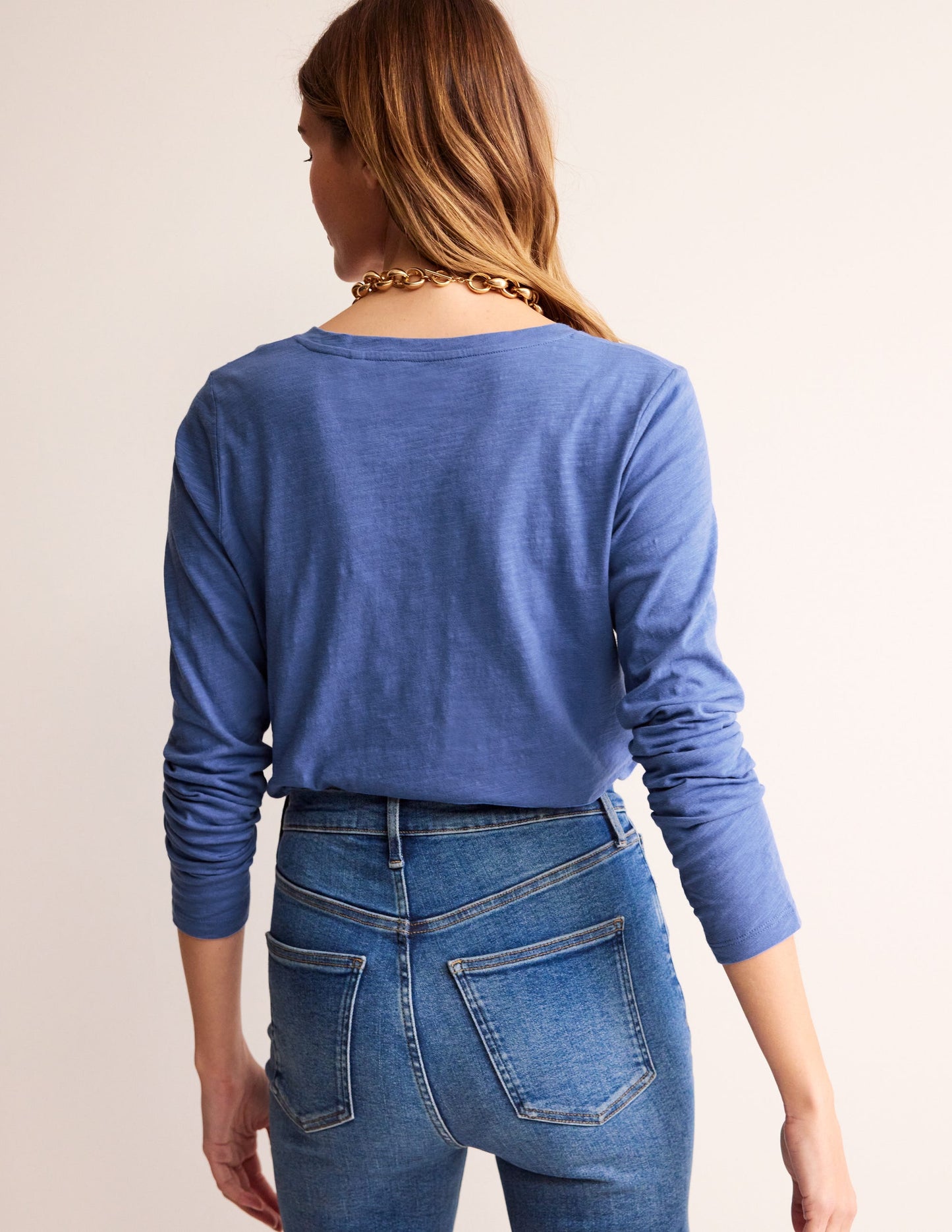 Cotton V-Neck Long Sleeve Top-Ebb and Flow Blue