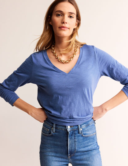 Cotton V-Neck Long Sleeve Top-Ebb and Flow Blue-4