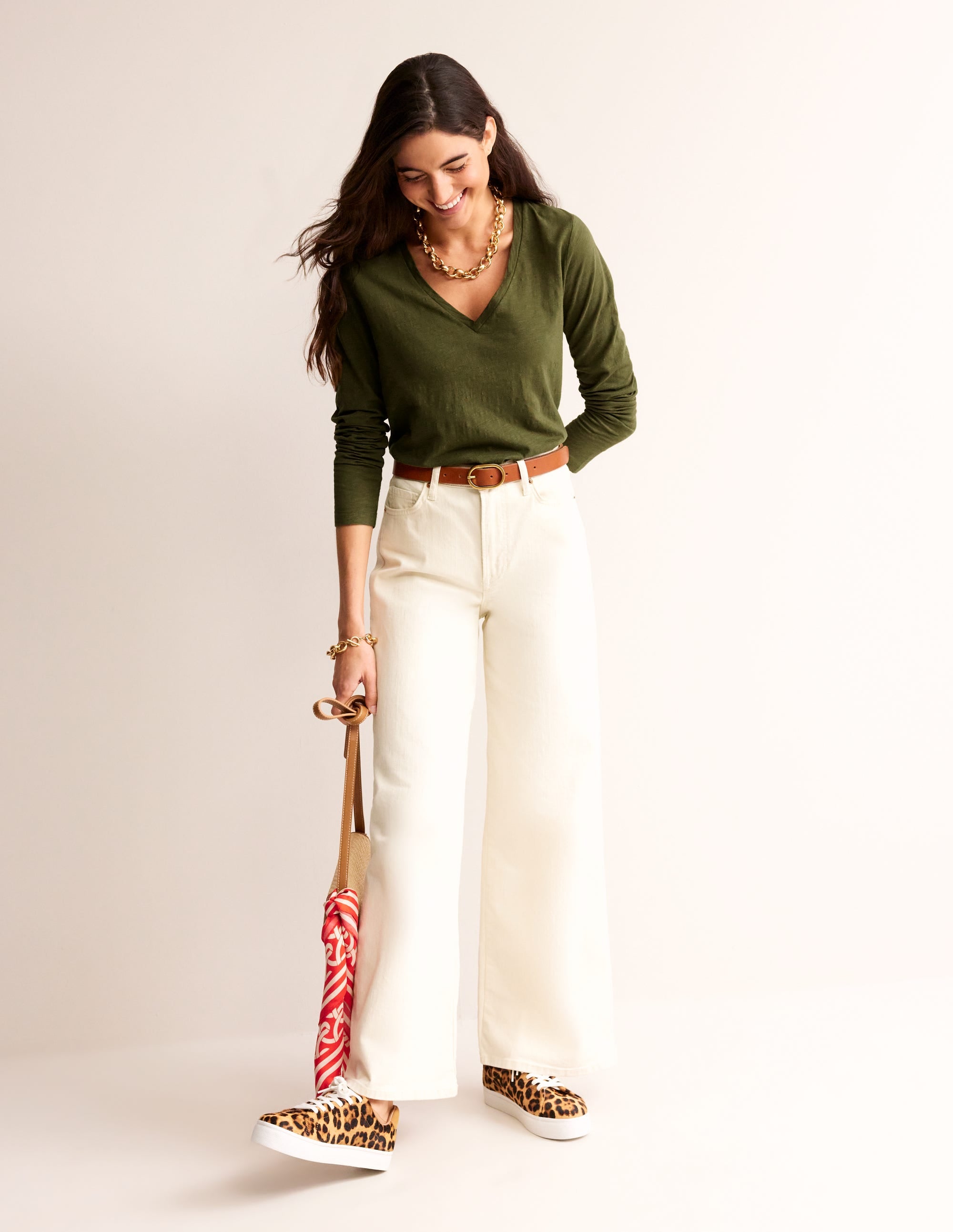 Cotton V-Neck Long Sleeve Top-Oregano - Image 4