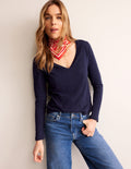 Cotton V-Neck Long Sleeve Top-Navy