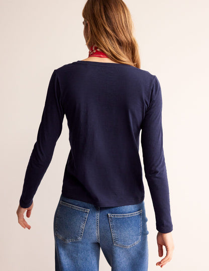 Cotton V-Neck Long Sleeve Top-Navy