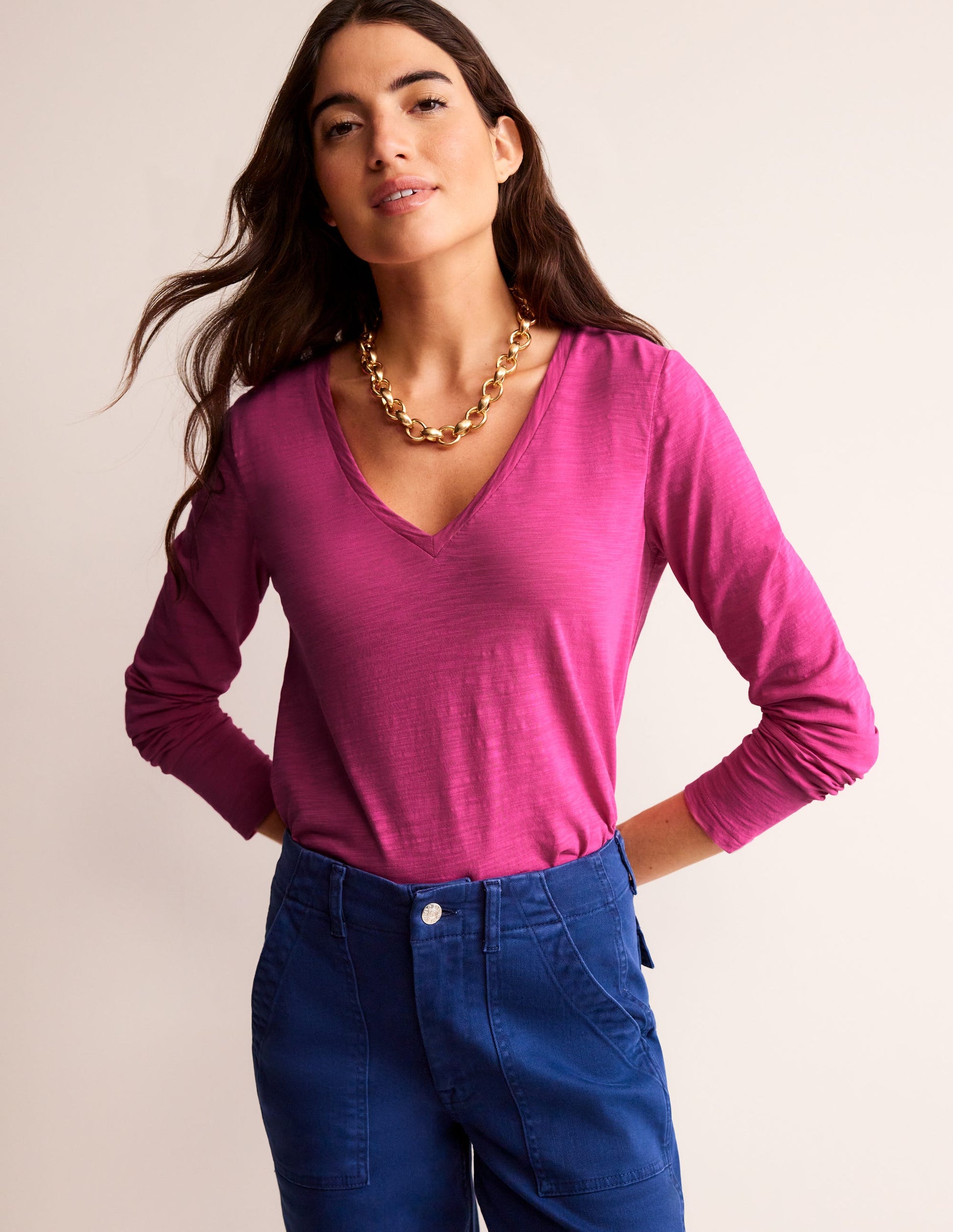 Cotton V-Neck Long Sleeve Top-Sangria Sunset-1
