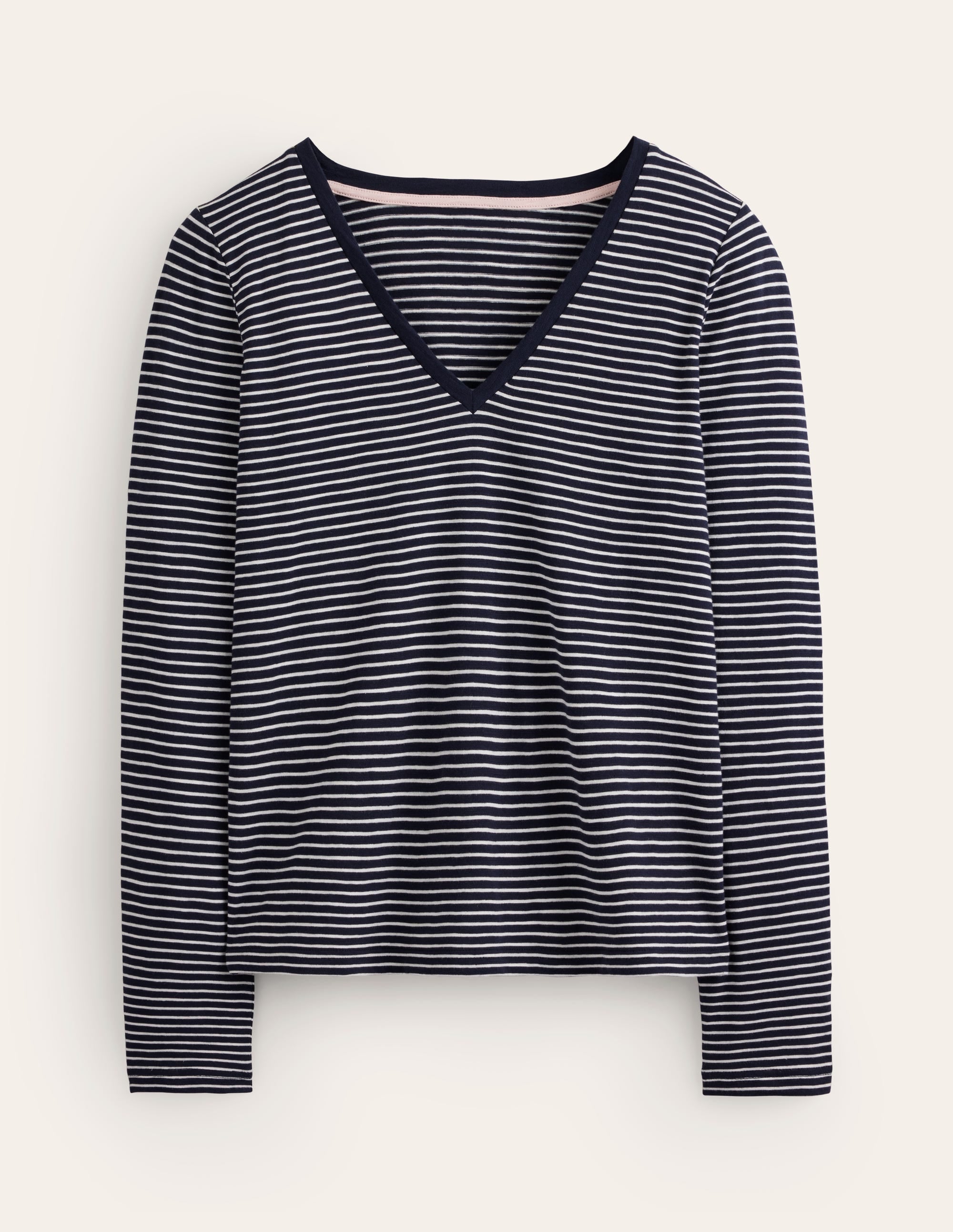 Cotton V-Neck Long Sleeve Top-Navy, Ivory - Image 5