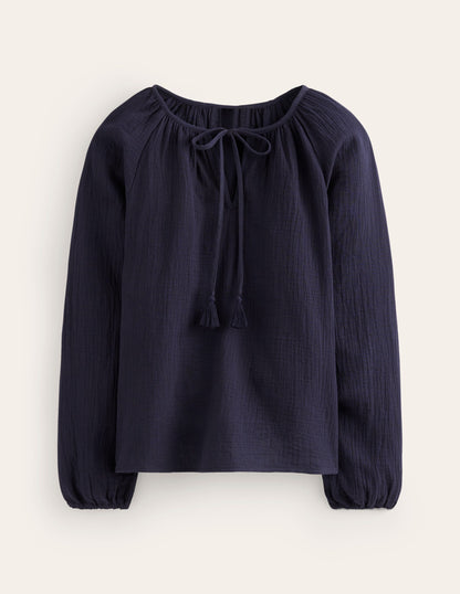 Doublecloth Blouson Sleeve Top-Navy