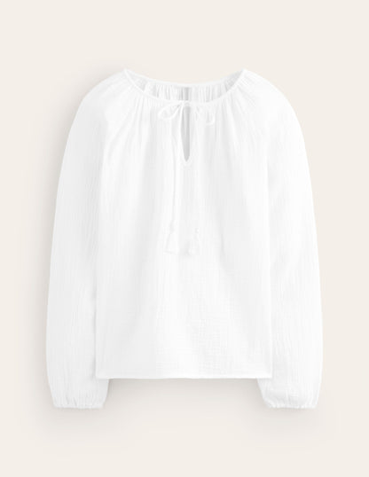 Doublecloth Blouson Sleeve Top-White-5