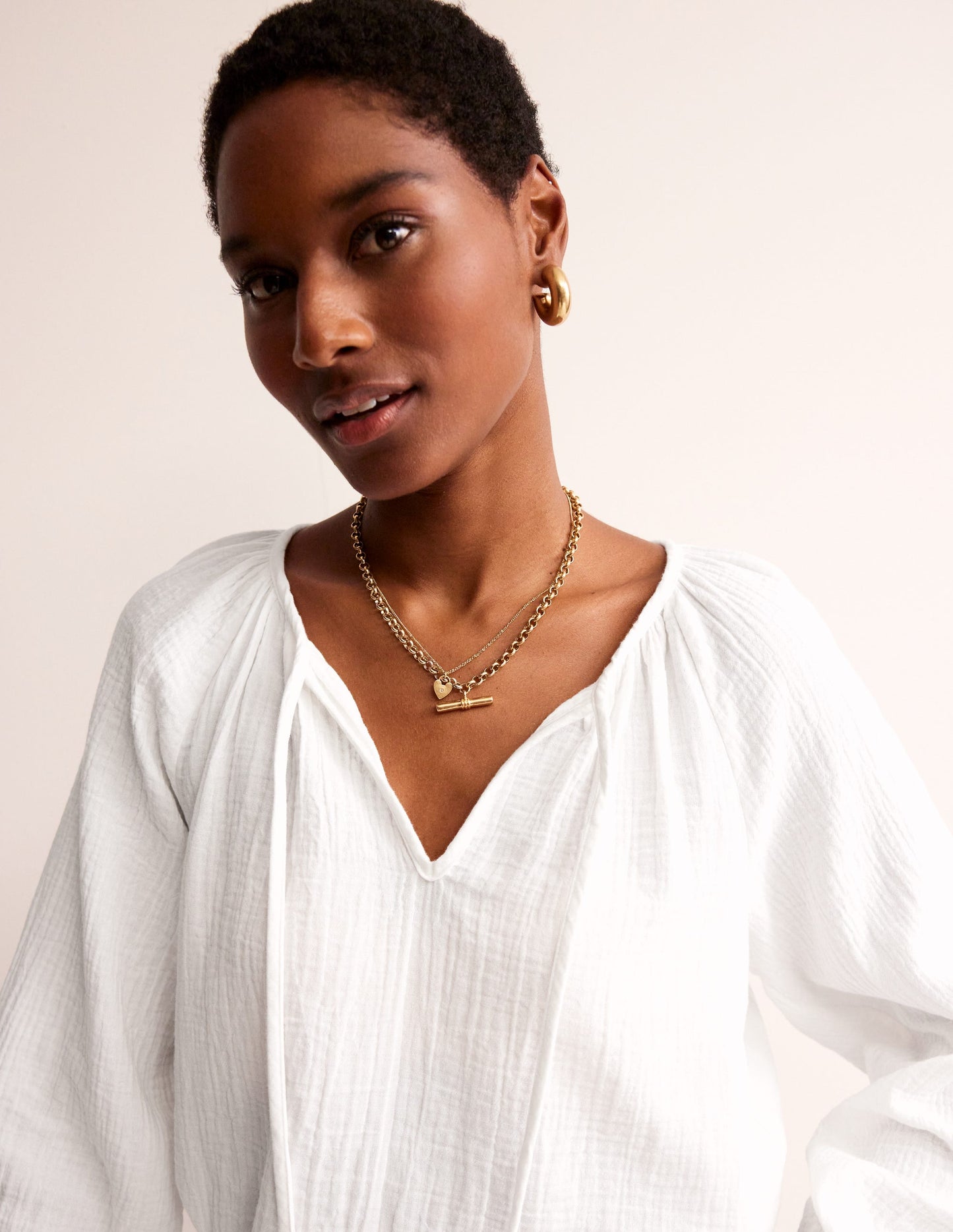 Doublecloth Blouson Sleeve Top-White