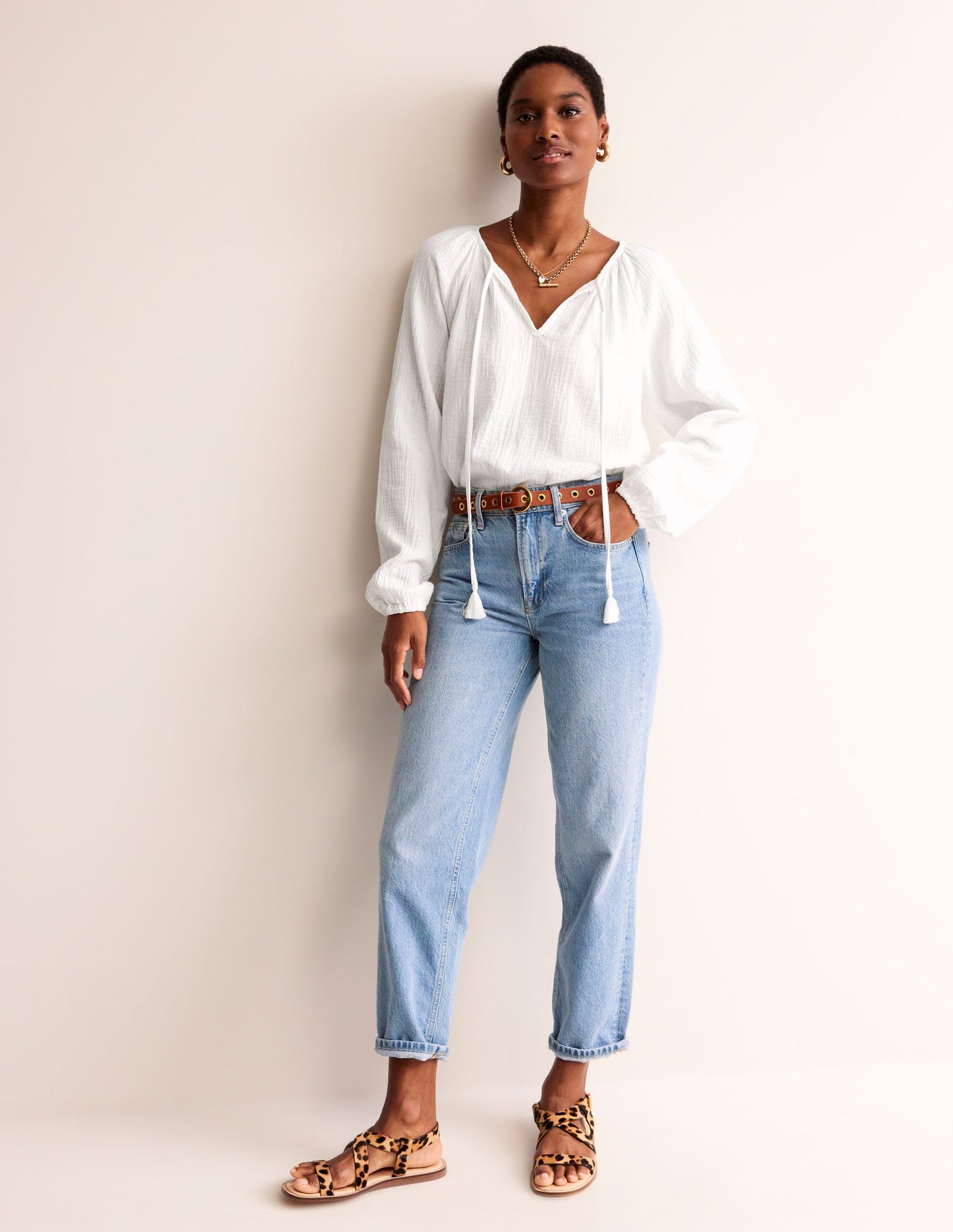 Doublecloth Blouson Sleeve Top-White