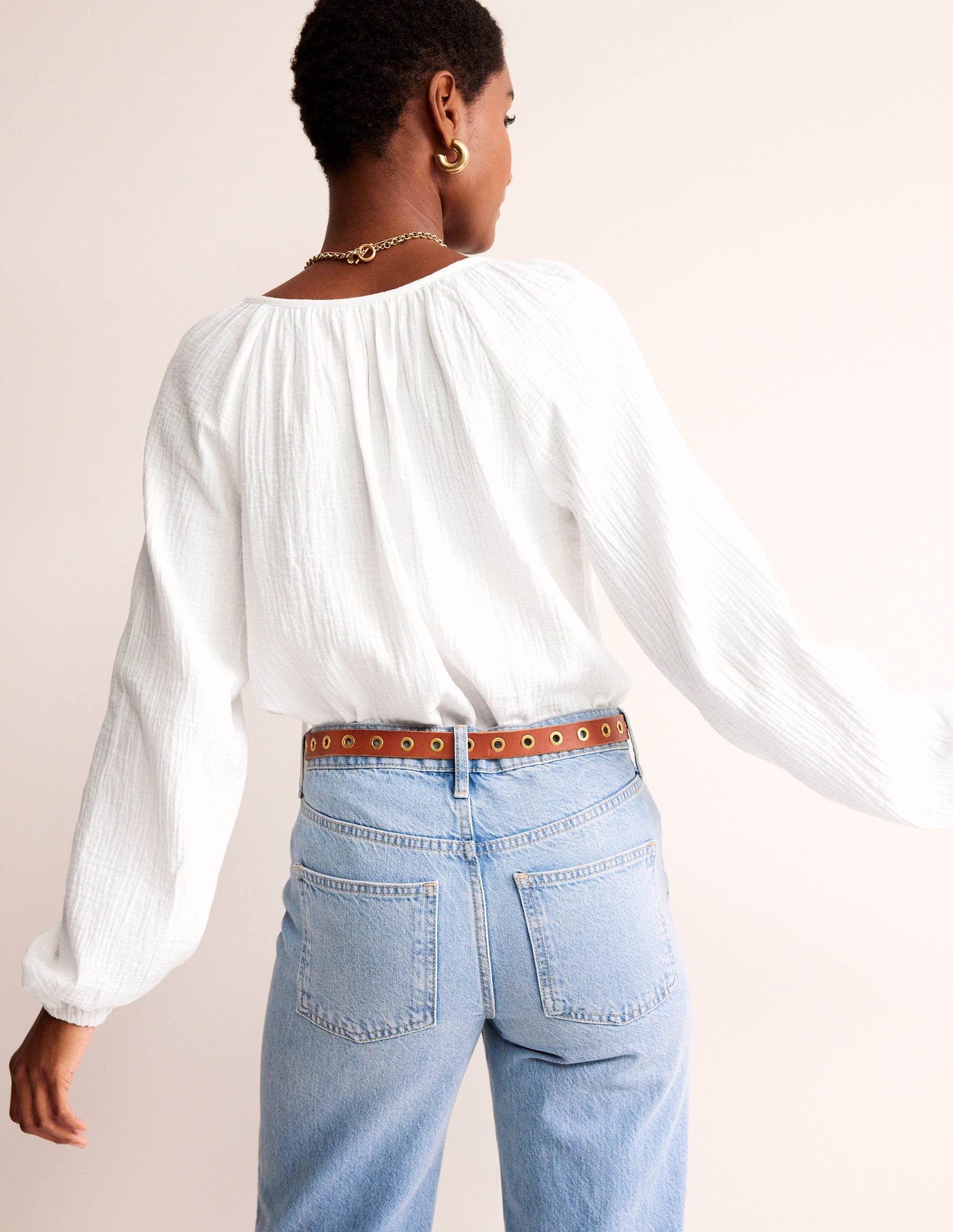 Doublecloth Blouson Sleeve Top-White - Image 3