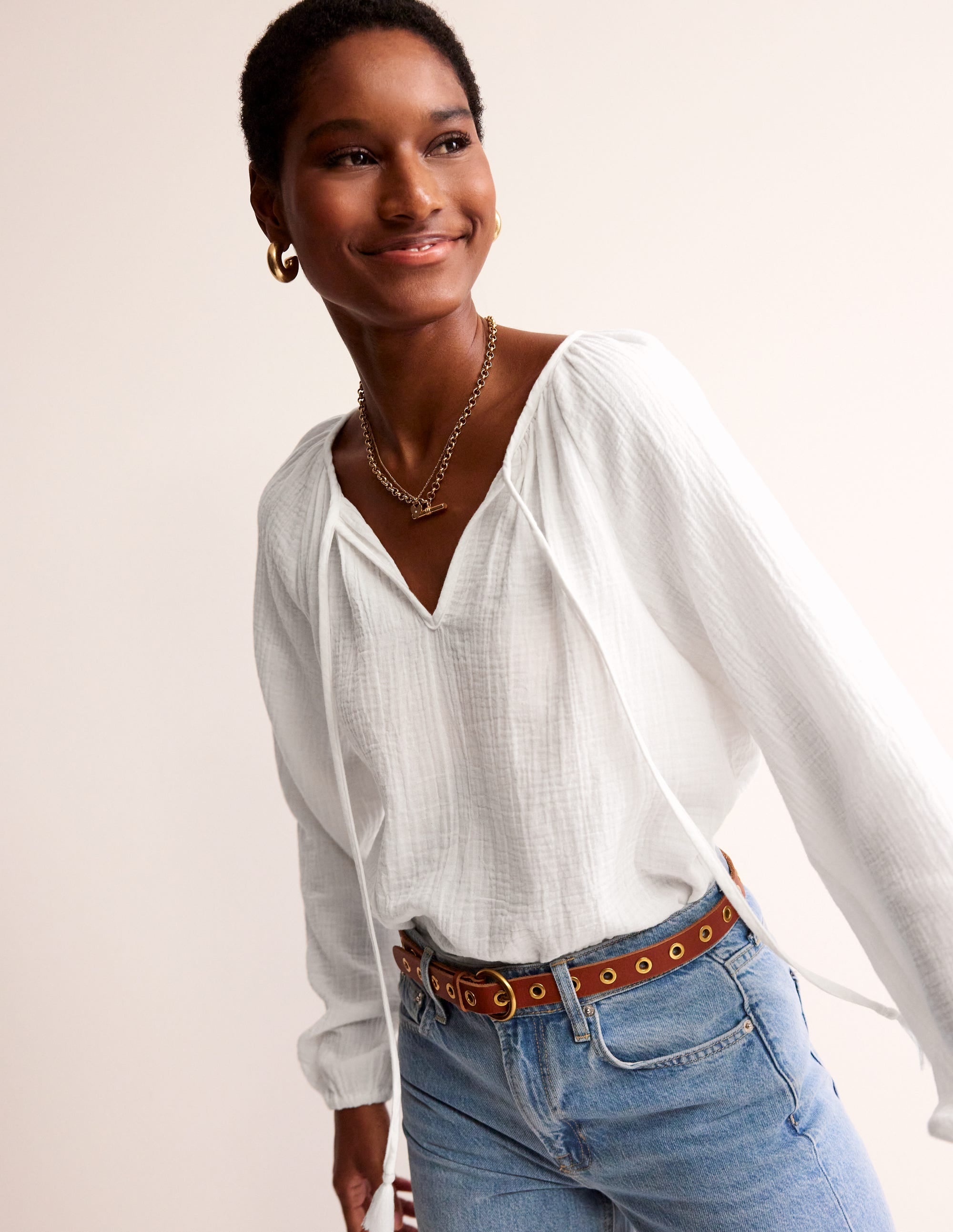 Doublecloth Blouson Sleeve Top-White - Image 4