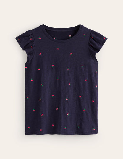 Dora Flutter Sleeve Top-Navy, Cherries-5