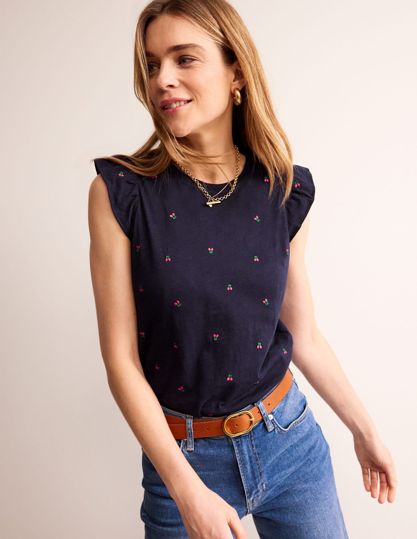 Dora Flutter Sleeve Top-Navy, Cherries