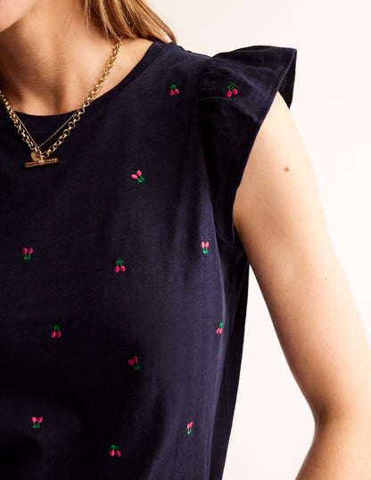 Dora Flutter Sleeve Top-Navy, Cherries-2