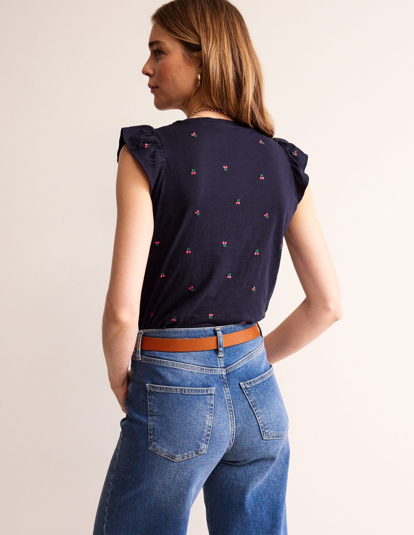 Dora Flutter Sleeve Top-Navy, Cherries