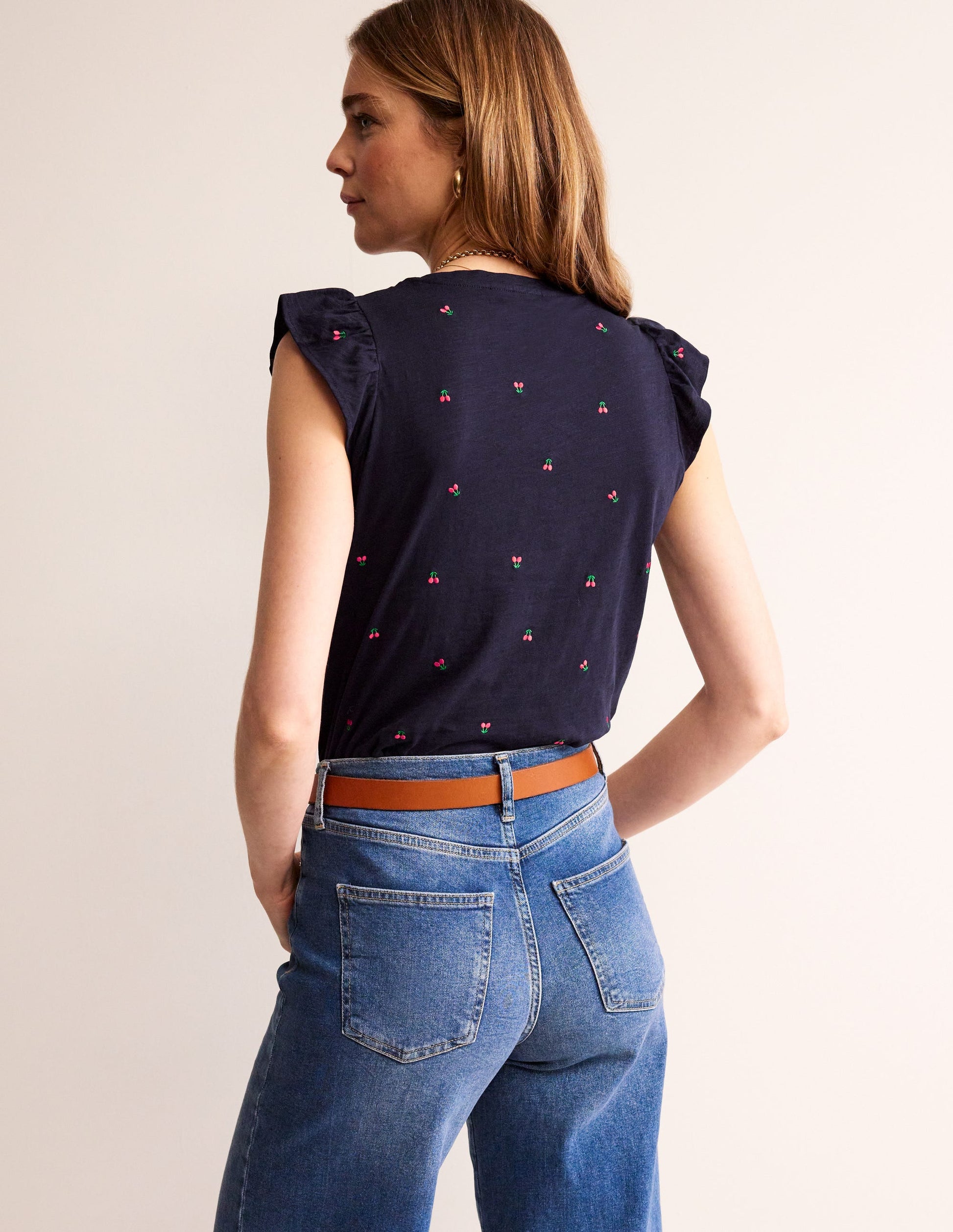 Dora Flutter Sleeve Top-Navy, Cherries-3