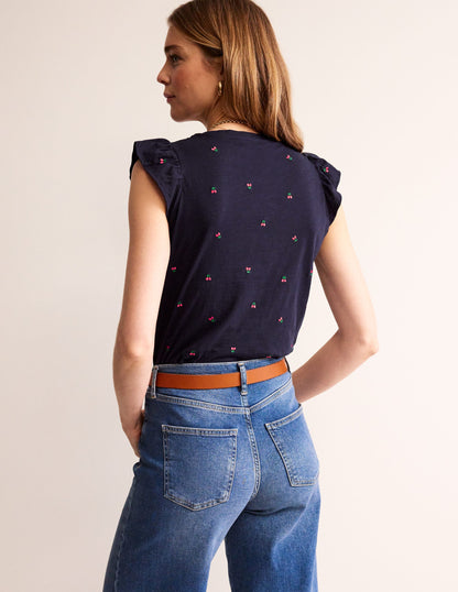 Dora Flutter Sleeve Top-Navy, Cherries-3