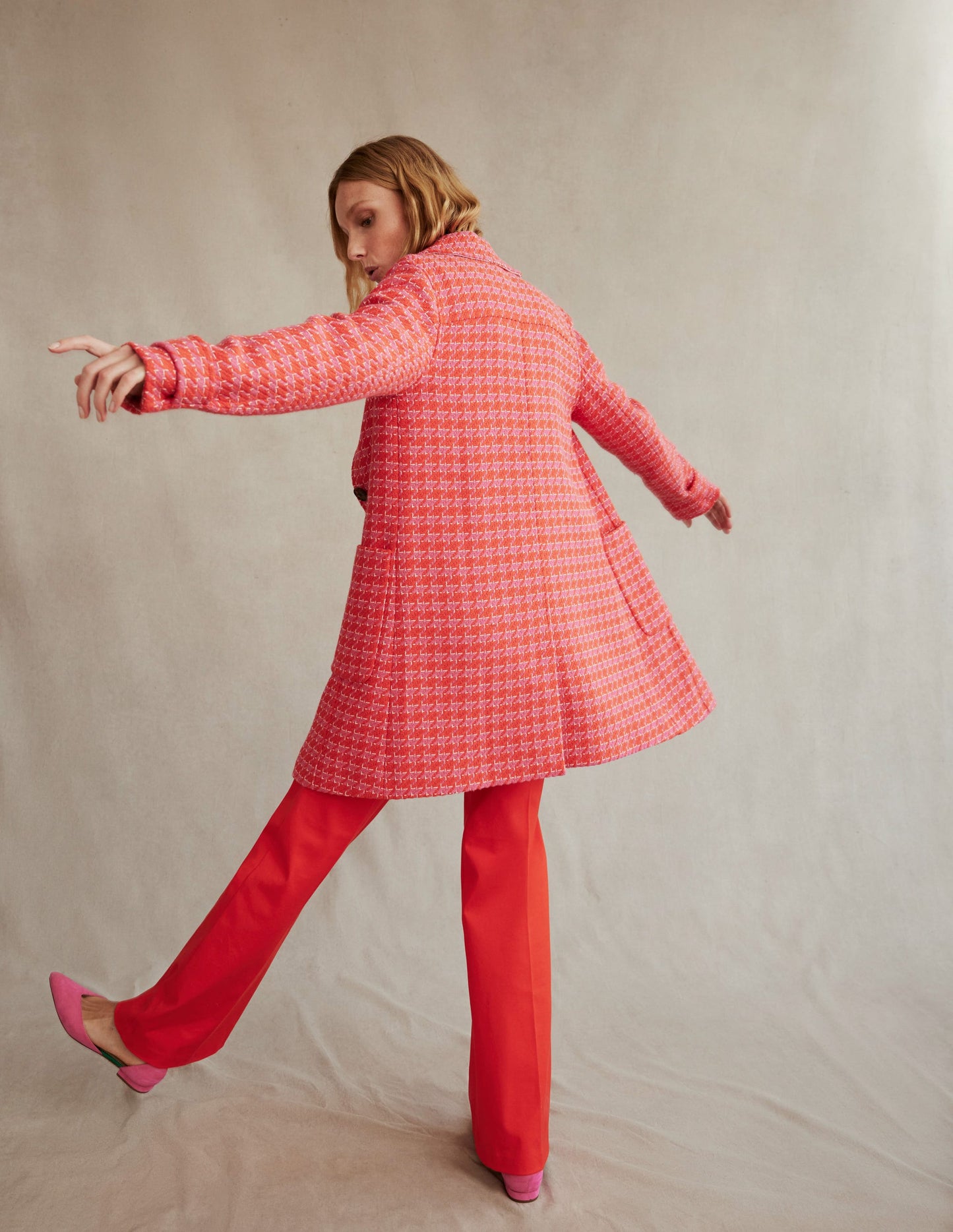 Button Checked Fitted Coat-Dogstooth