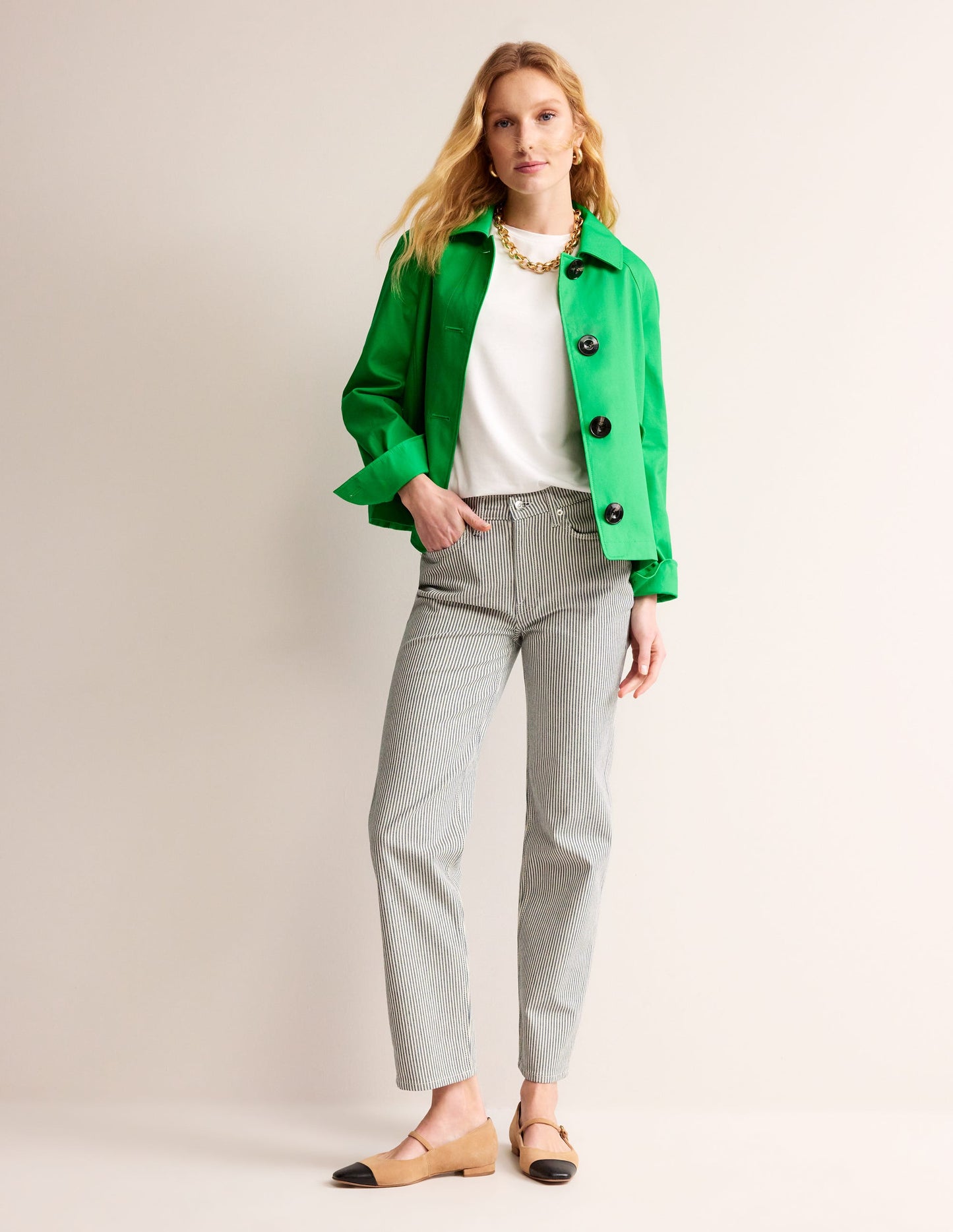 Cropped Trench Jacket-Bright Green with Navy Pop