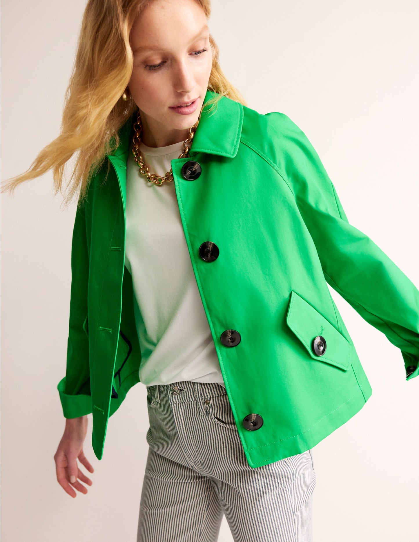 Cropped Trench Jacket-Bright Green with Navy Pop