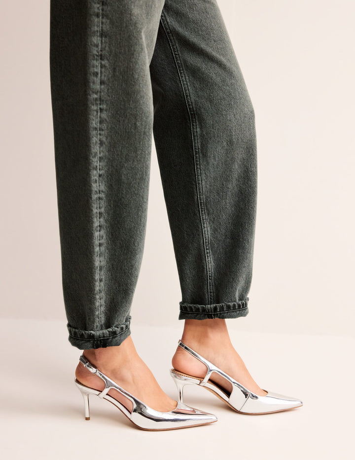 Cut Out Sling Back Heels-Silver Mirror