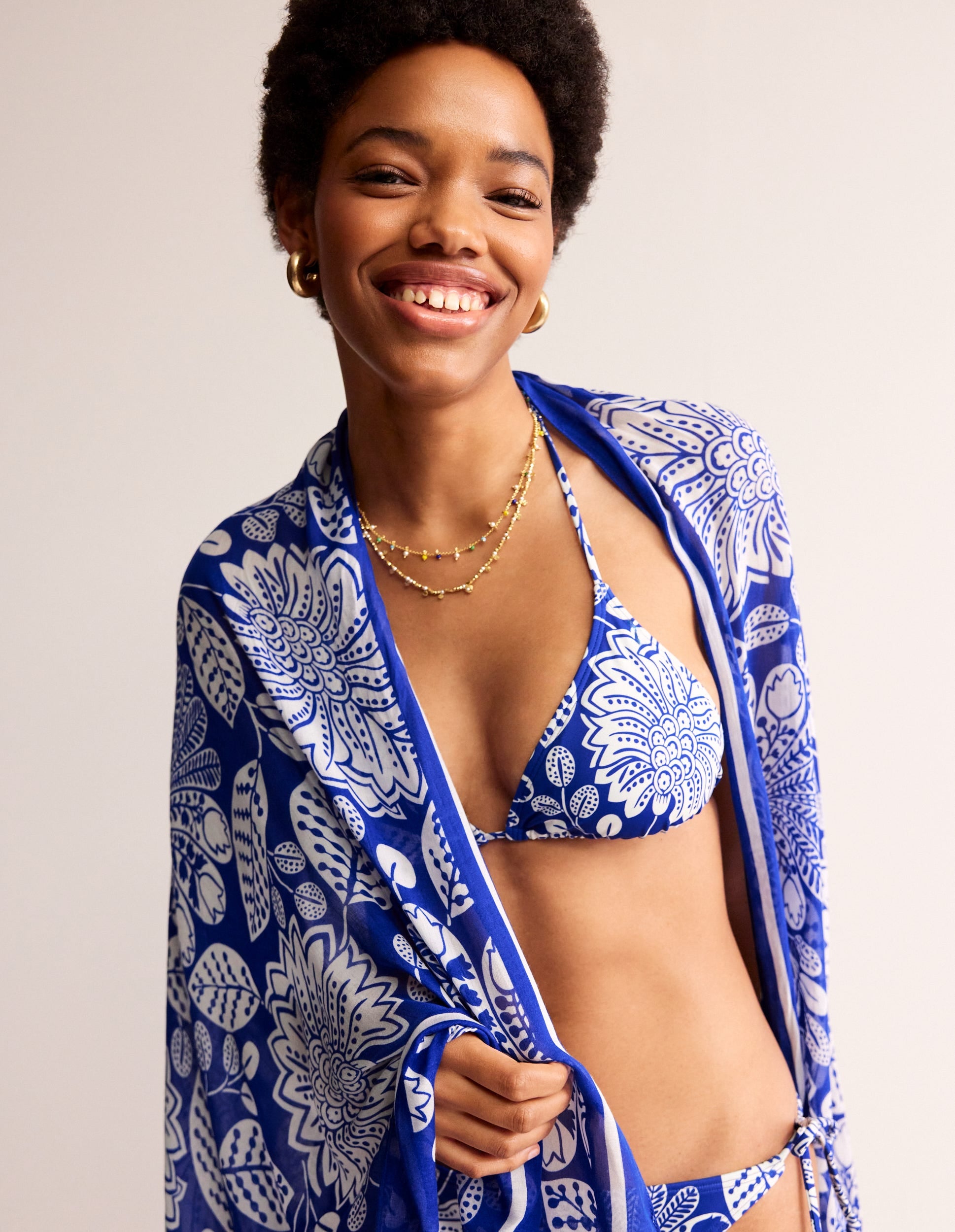 Printed Sarong Scarf-Bright Blue, Gardenia Swirl - Image 1