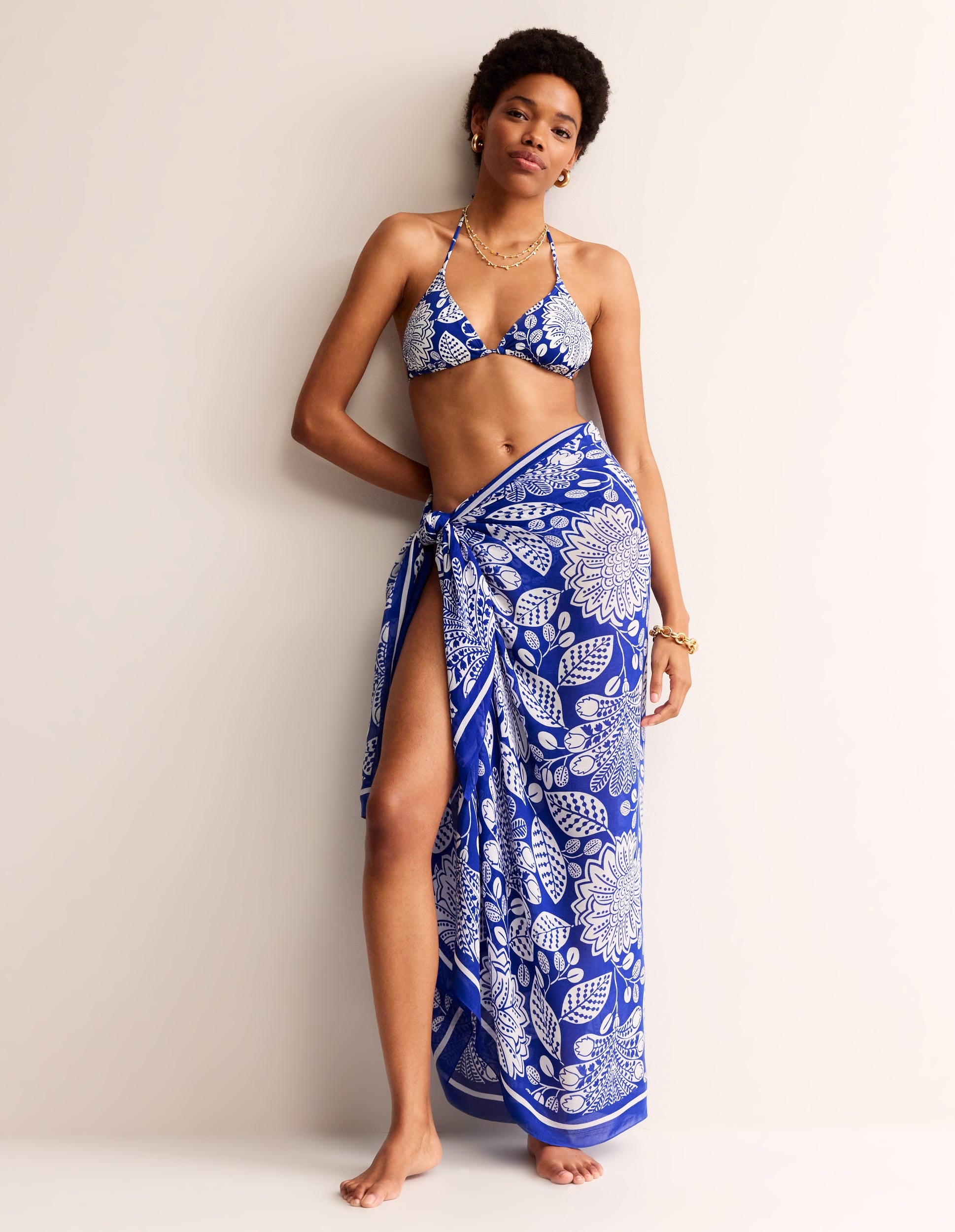 Printed Sarong Scarf-Bright Blue, Gardenia Swirl-2