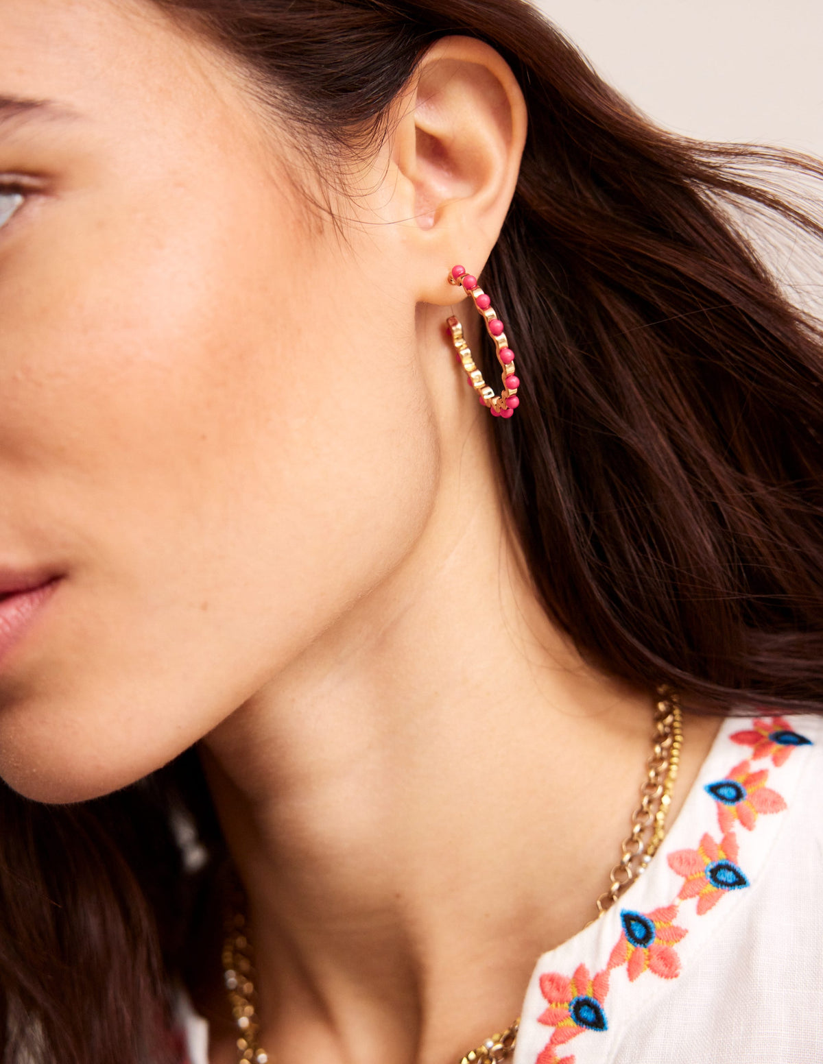 Wire Bead Hoop Earrings-Pink-2