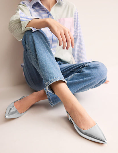 Cut Out Slingback Flat-Silver Leather-1