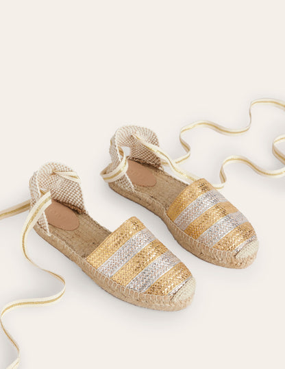Ankle Tie Flat Espadrilles-Gold/ Silver-3