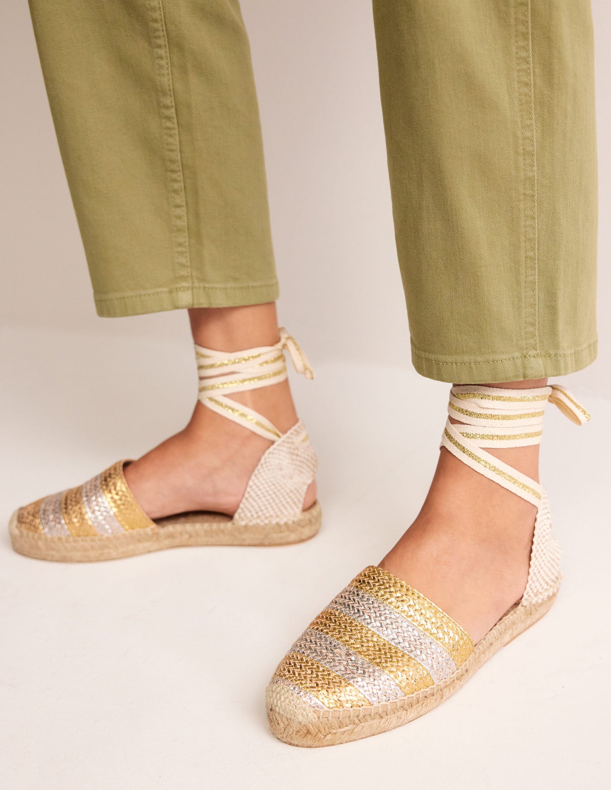 Ankle Tie Flat Espadrilles-Gold/ Silver-1