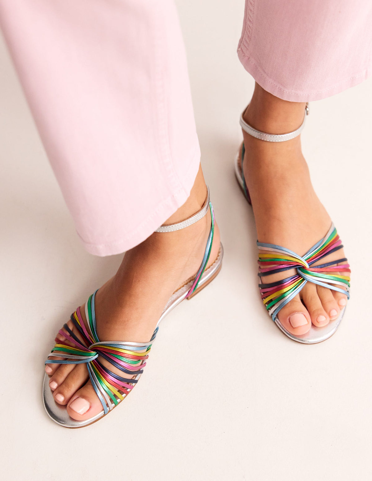 Twist Front Flat Sandals-Multi Metallic Leather - Image 1