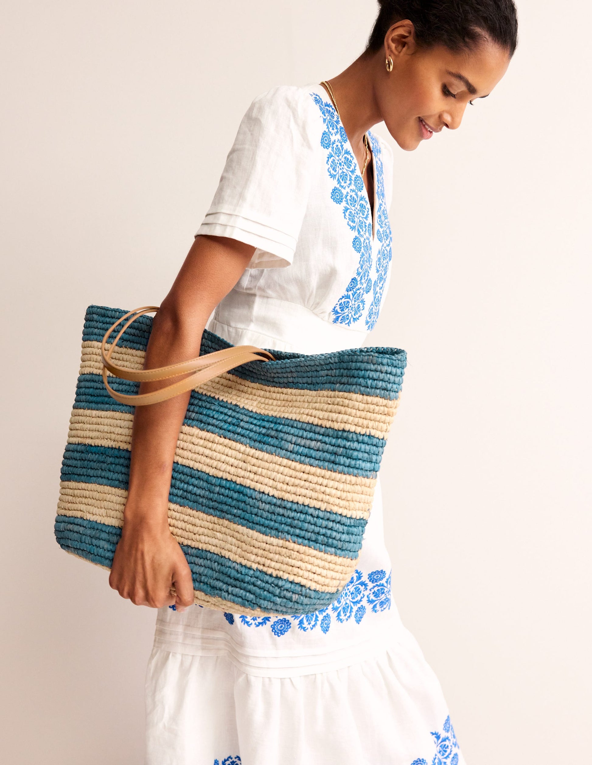 Raffia Tote Bag-Blue Stripe-2