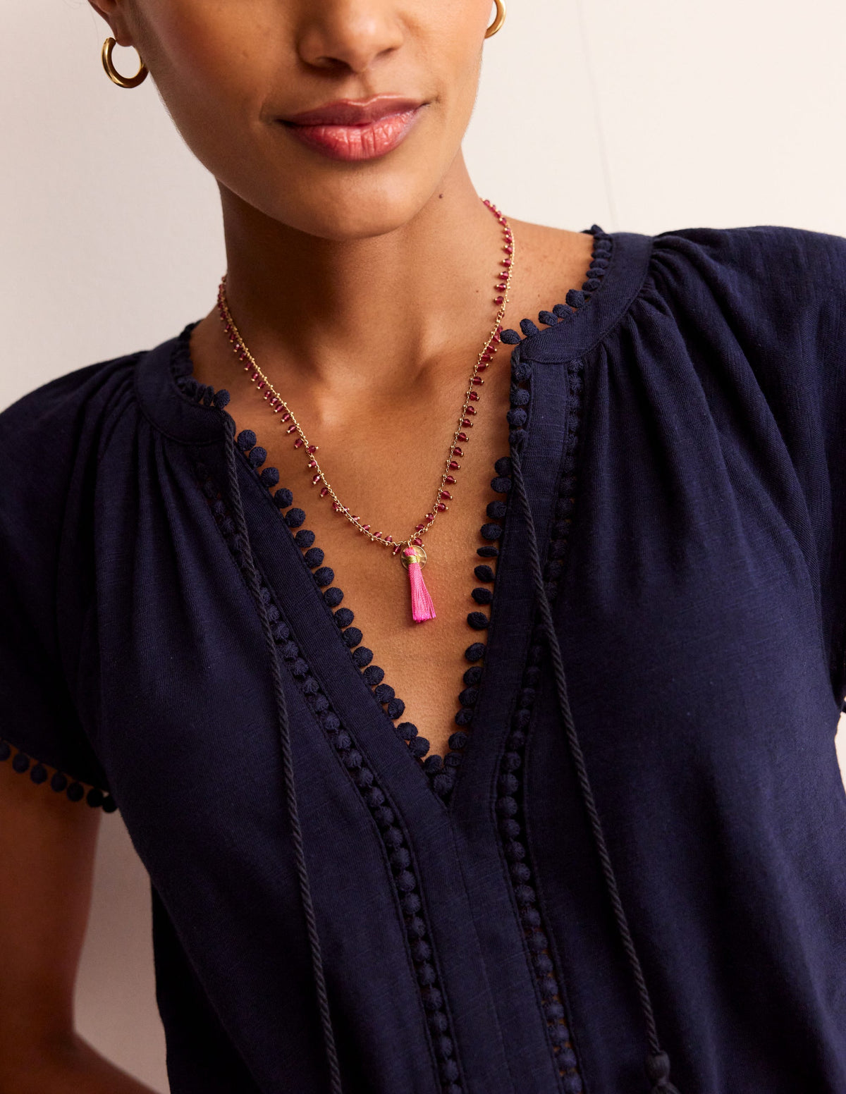 Beaded Tassel Necklace-Pink - Image 2
