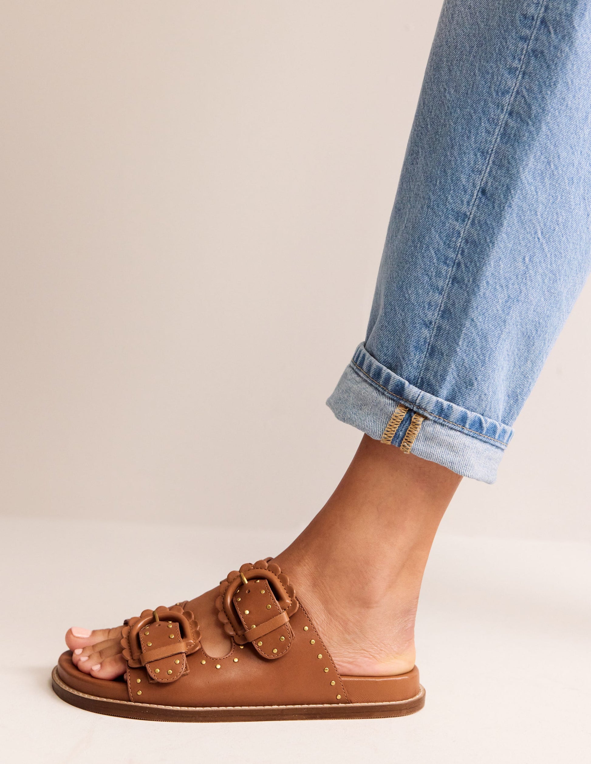 Double Buckle Sliders-Tan Stud-2