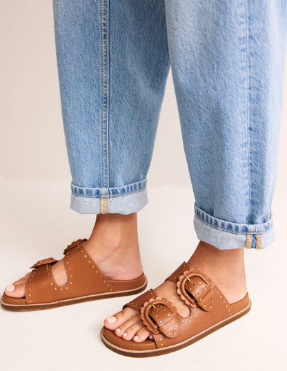 Double Buckle Sliders-Tan Stud-3