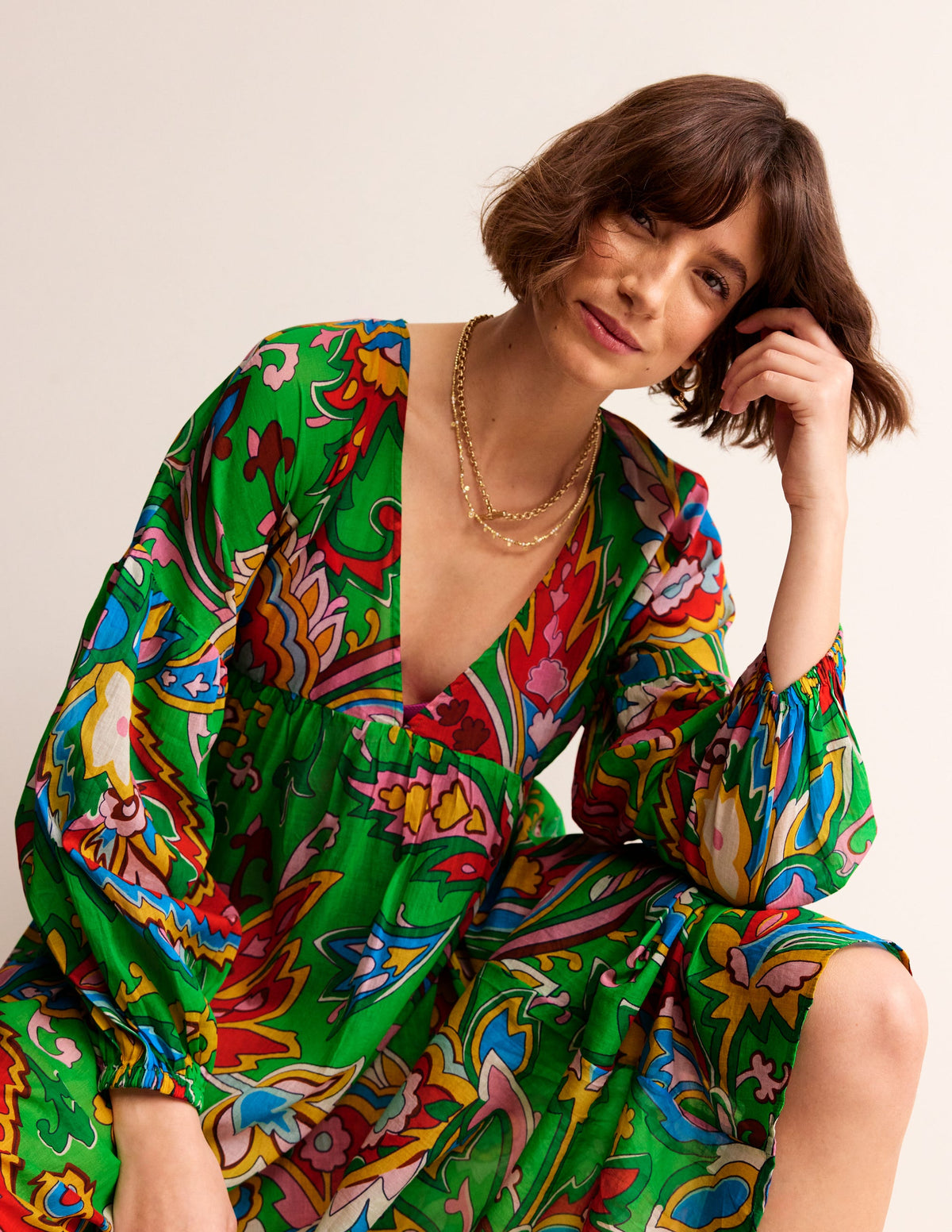 Sarah Maxi Kaftan Dress-Kelly Green, Paisley Azure - Image 1
