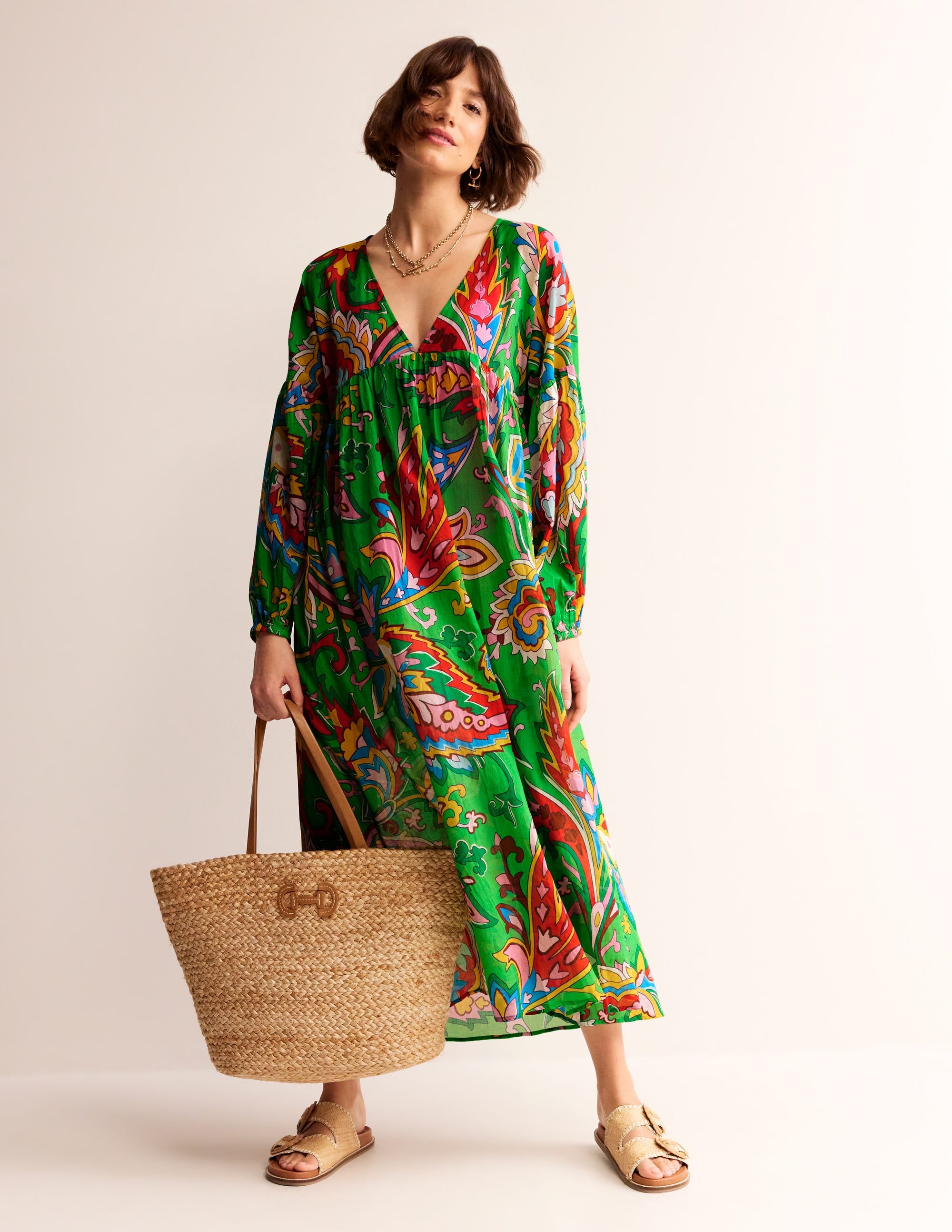 Sarah Maxi Kaftan Dress-Kelly Green, Paisley Azure - Image 2
