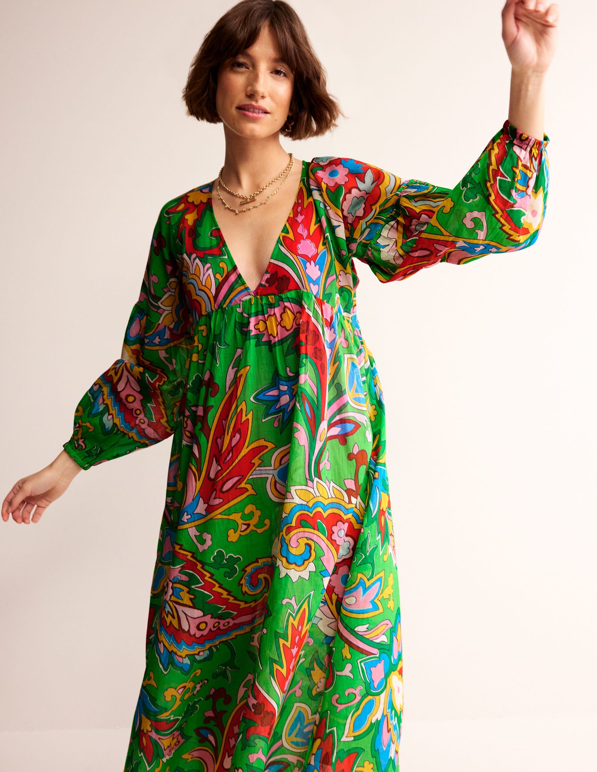 Sarah Maxi Kaftan Dress-Kelly Green, Paisley Azure-3