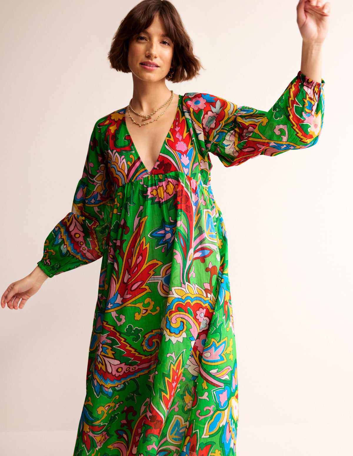Sarah Maxi Kaftan Dress-Kelly Green, Paisley Azure - Image 3