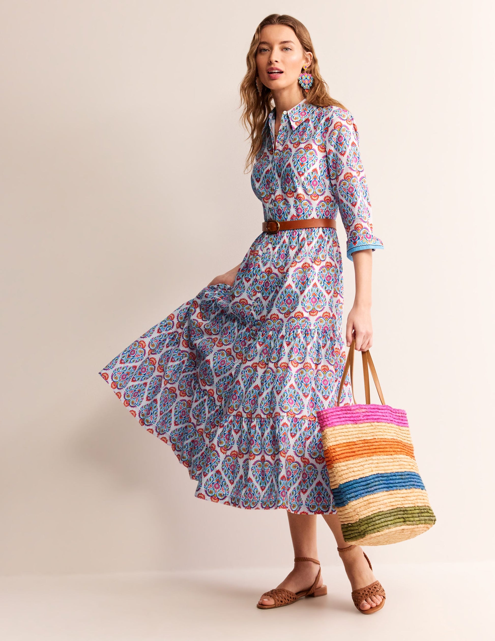 Flo Cotton Midi Shirt Dress-Air Blue, Flora Stamp-5