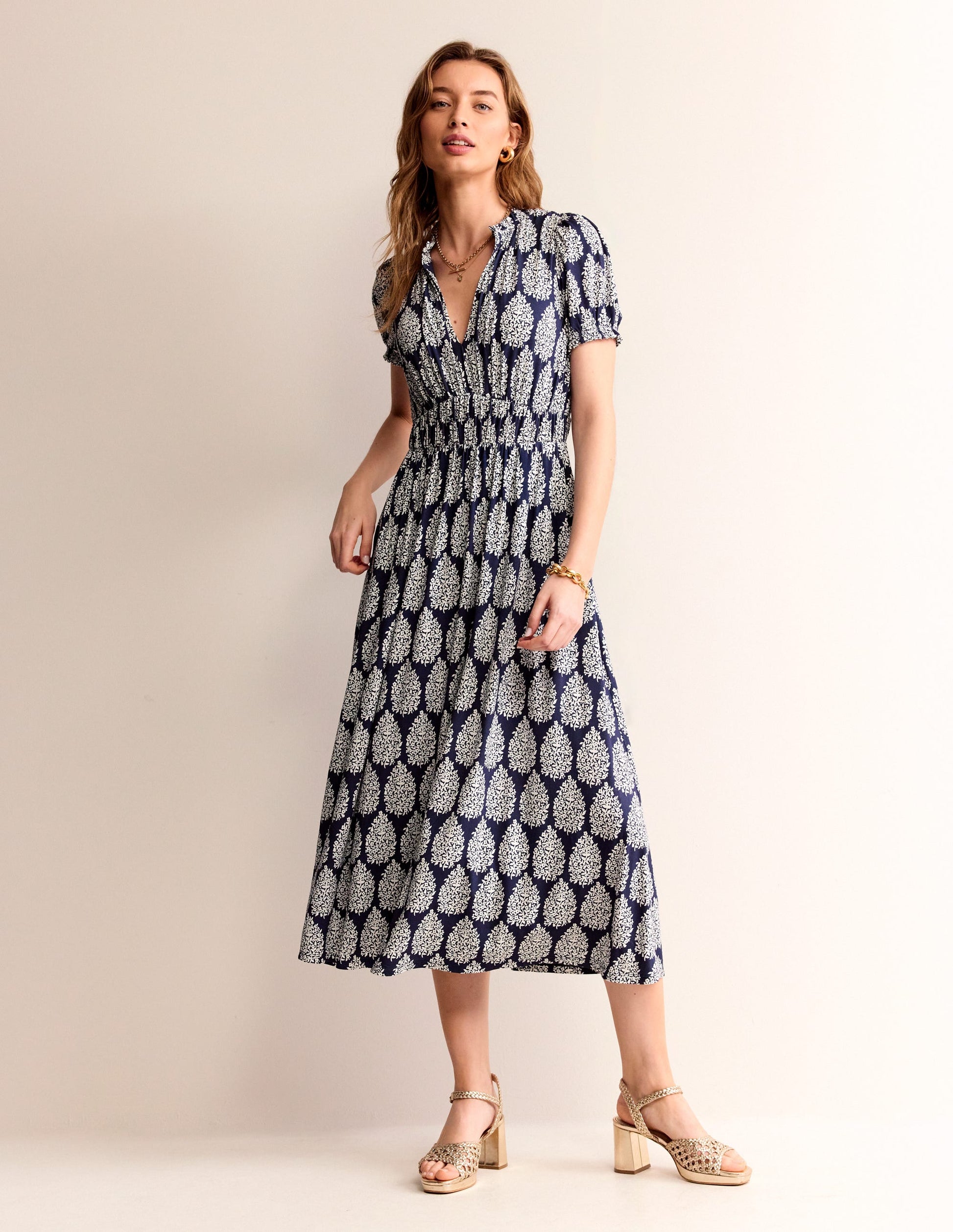 Rosanna Jersey Midi Tea Dress-French Navy, Floret Paisley-1