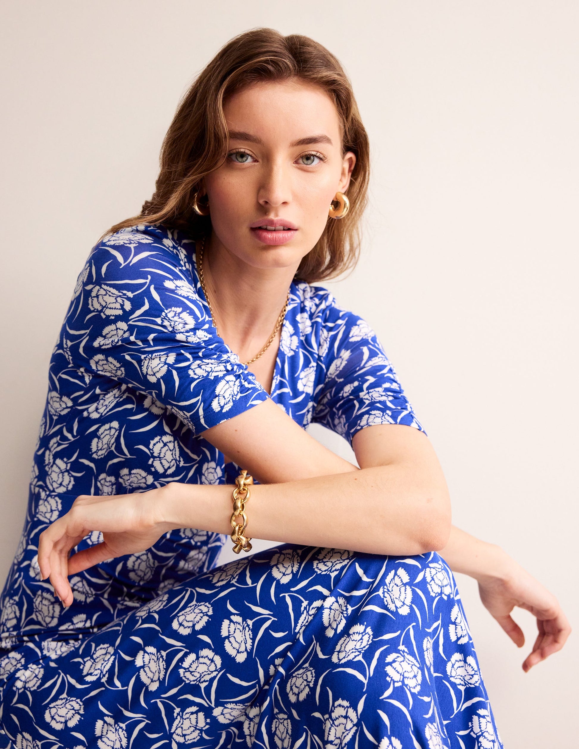 Rebecca Jersey Midi Tea Dress-Surf The Web, Peony Sprig-1