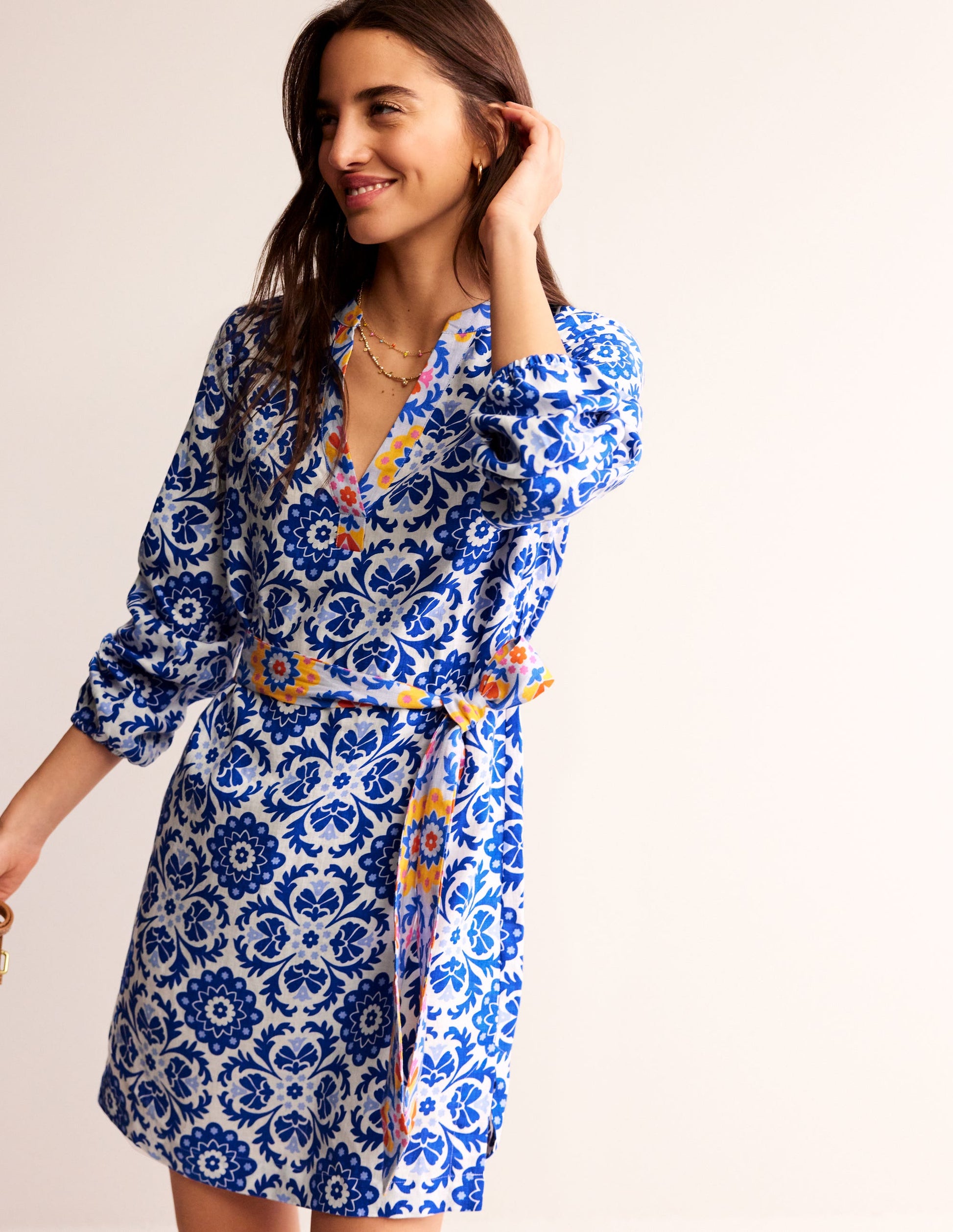 Cleo Linen Tie Waist Dress-Surf The Web, Mosaic Bloom-1