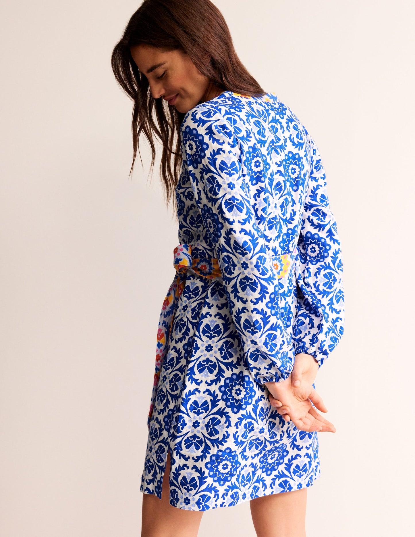 Cleo Linen Tie Waist Dress-Surf The Web, Mosaic Bloom