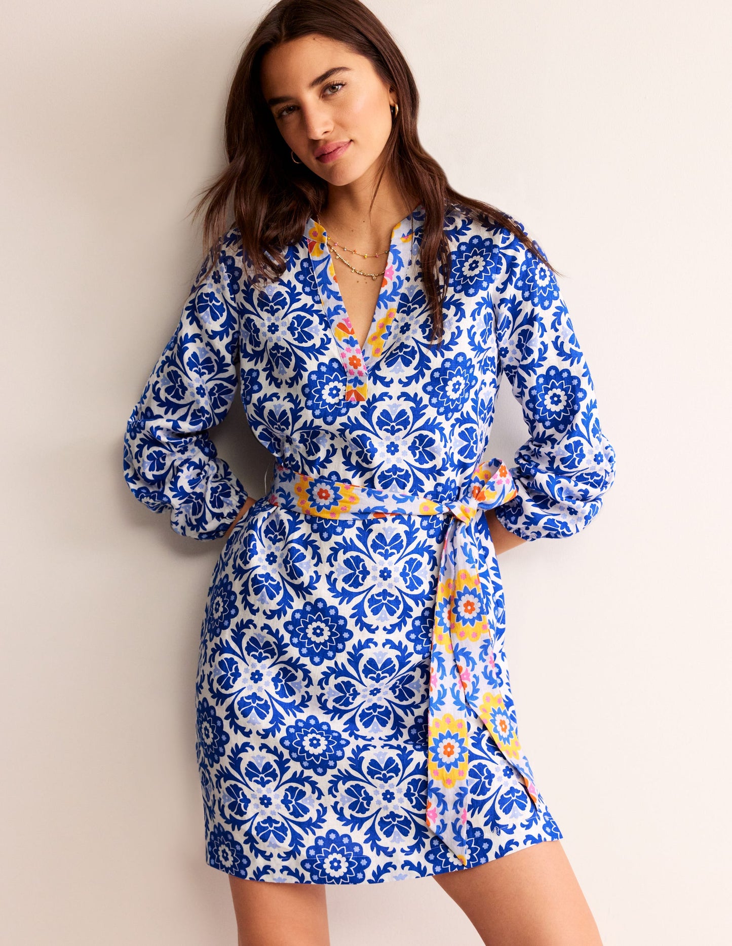 Cleo Linen Tie Waist Dress-Surf The Web, Mosaic Bloom