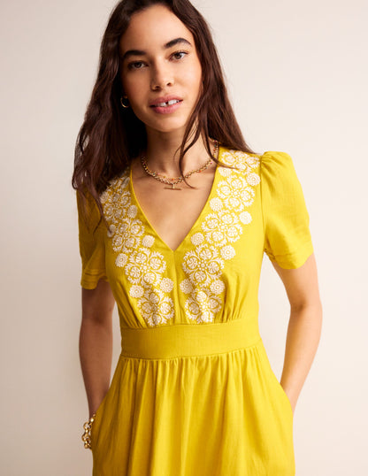 Eve Linen Midi Dress-Passion Fruit Embroidered