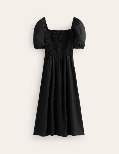 Sky Smocked Linen Midi Dress-Black